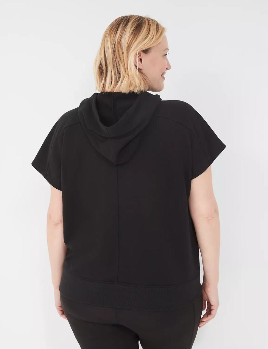 Women Lane Bryant LIVI Short-Sleeve French Terry Hoodie Black | SIV2925TJ