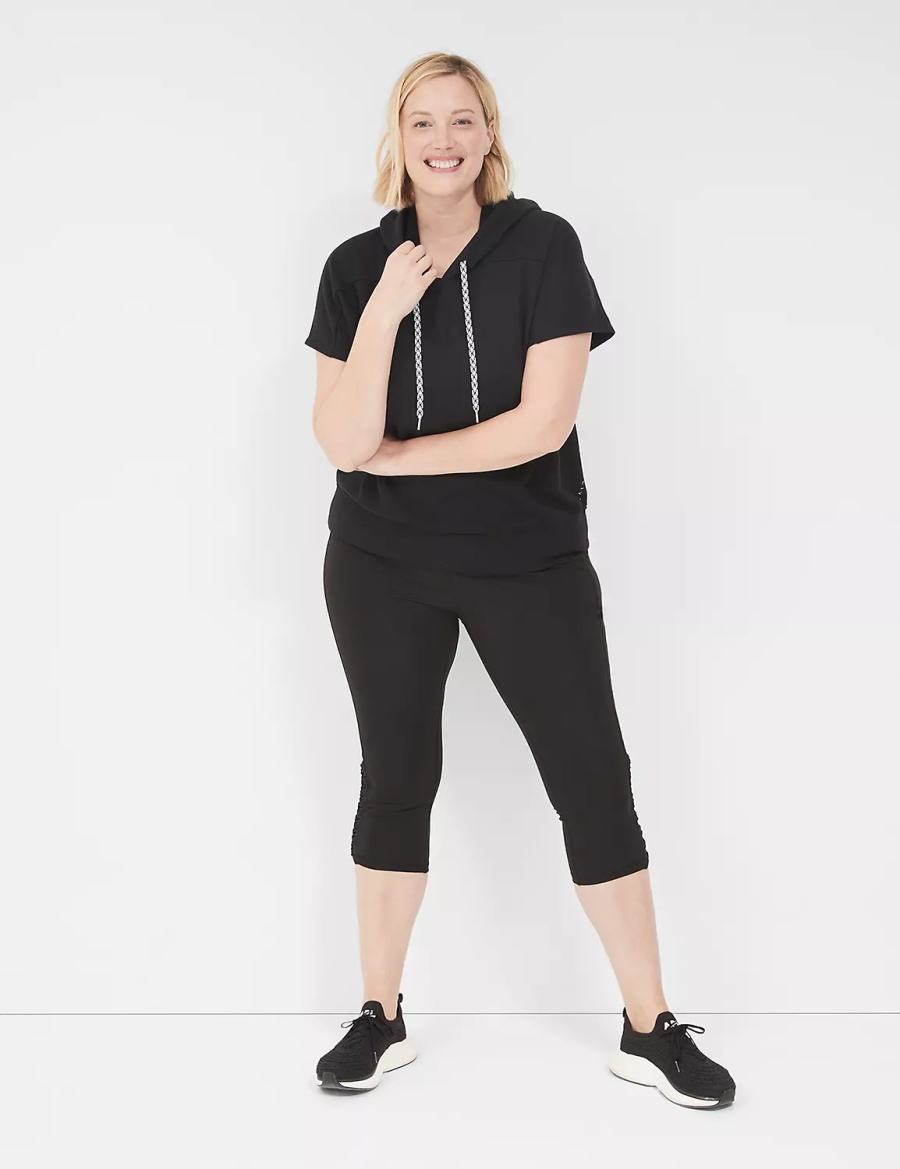 Women Lane Bryant LIVI Short-Sleeve French Terry Hoodie Black | SIV2925TJ