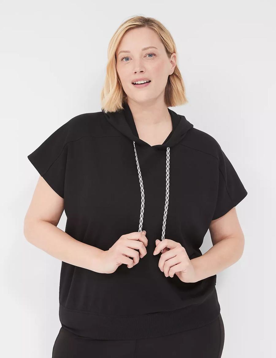 Women Lane Bryant LIVI Short-Sleeve French Terry Hoodie Black | SIV2925TJ