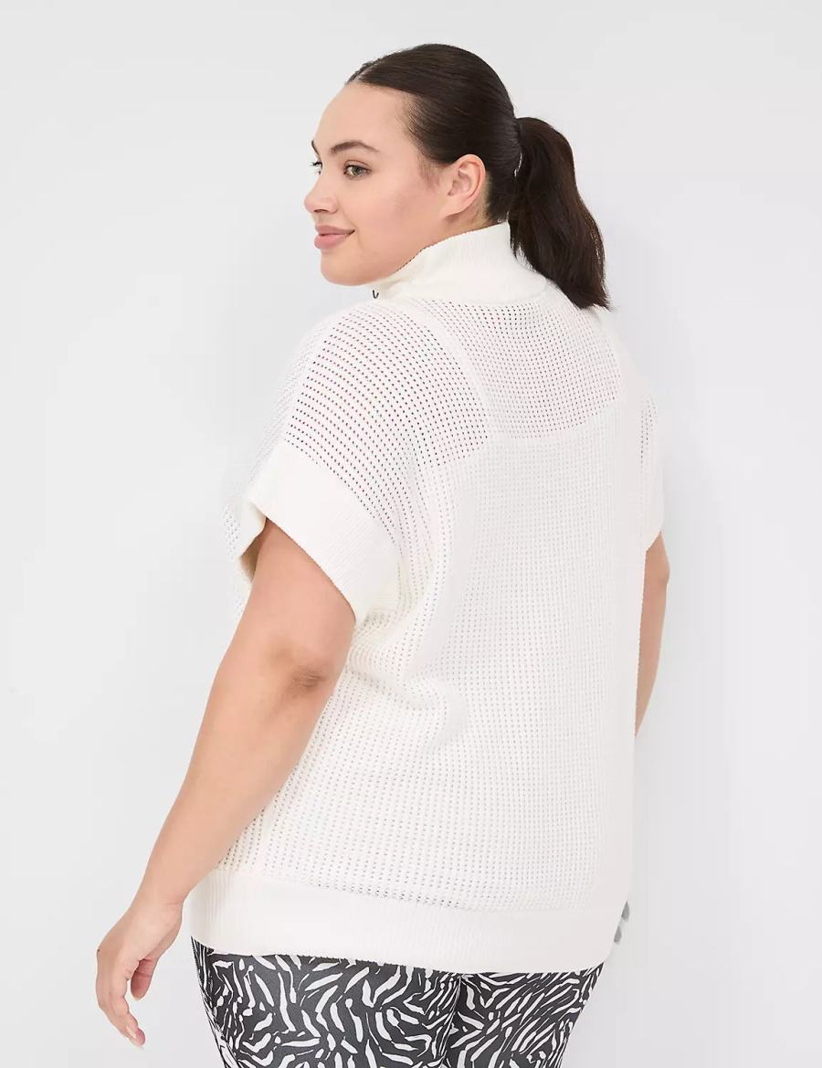 Women Lane Bryant LIVI Short-Sleeve Half-Zip Mesh Sweaters White | MCV6015DX