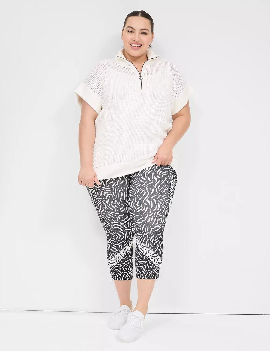 Women Lane Bryant LIVI Short-Sleeve Half-Zip Mesh Sweaters White | MCV6015DX