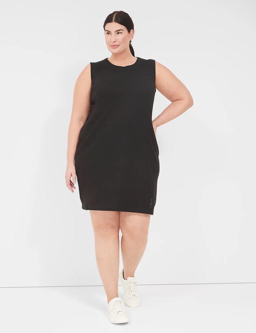 Women Lane Bryant LIVI Sleeveless Crew-Neck French Terry Casual Dress Black | YHK377TG