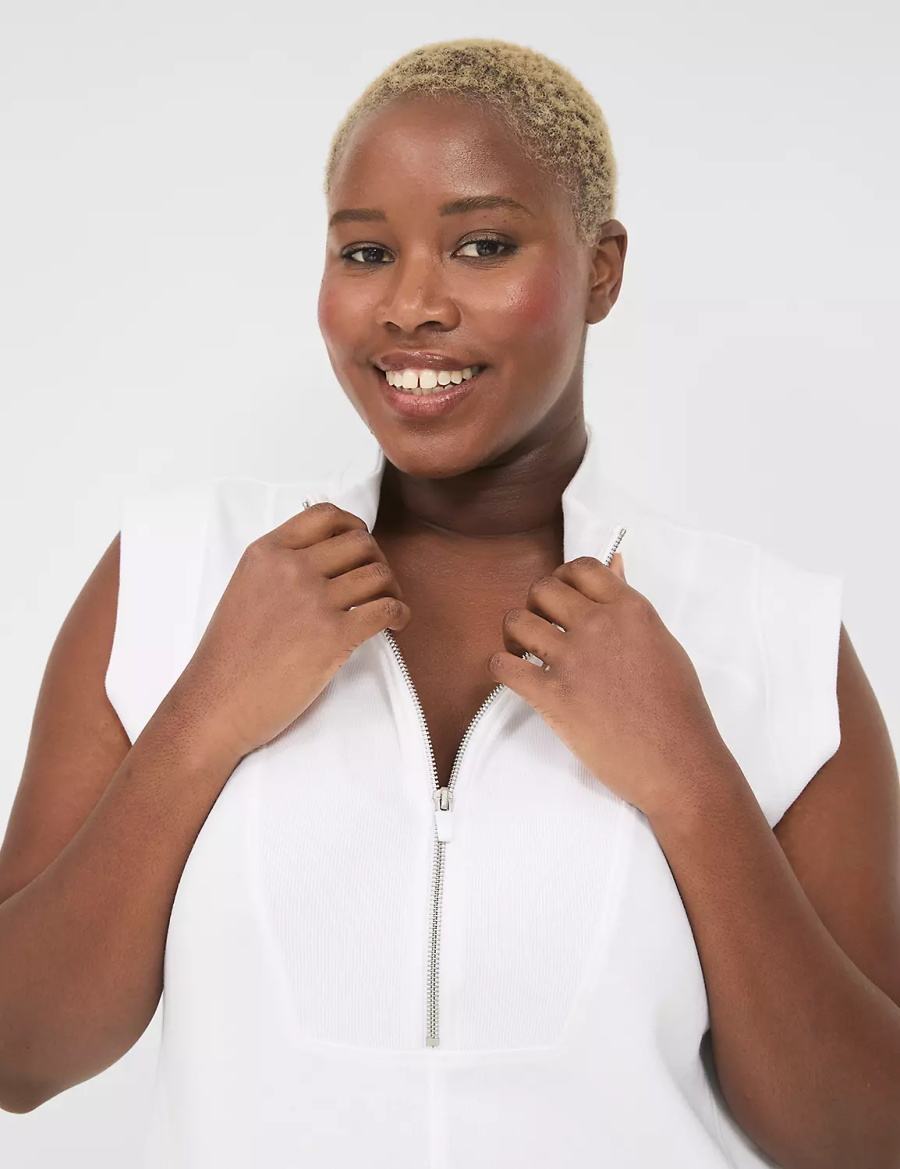 Women Lane Bryant LIVI Sleeveless Half-Zip French Terry Casual Dress White | NMZ4510HW