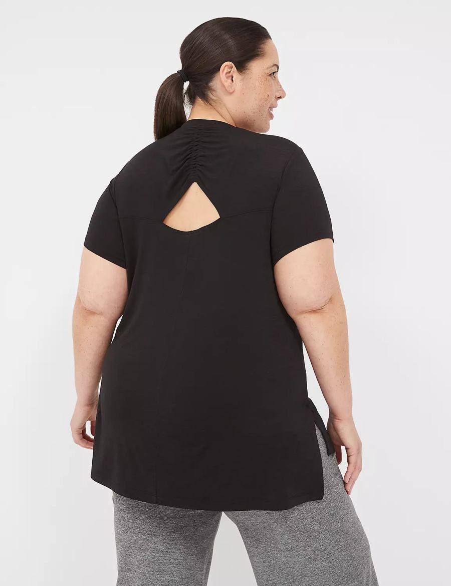 Women Lane Bryant LIVI V-Neck Ruched-Back Tee T Shirts Black | ZJL8843XB