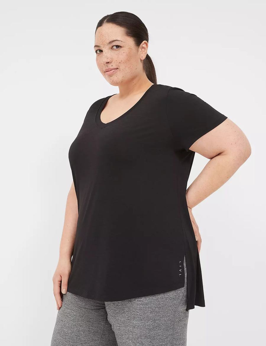 Women Lane Bryant LIVI V-Neck Ruched-Back Tee T Shirts Black | ZJL8843XB