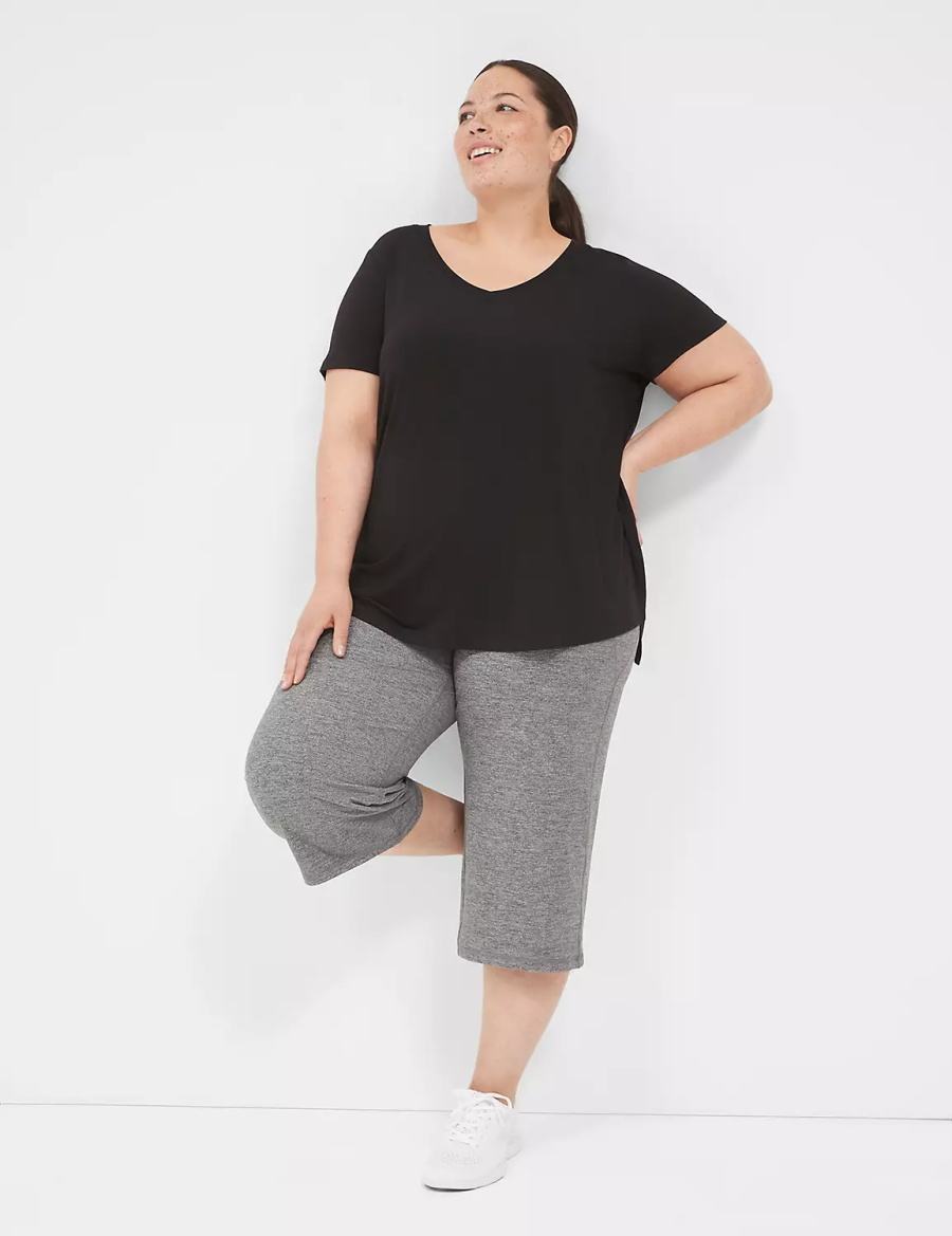 Women Lane Bryant LIVI V-Neck Ruched-Back Tee T Shirts Black | ZJL8843XB