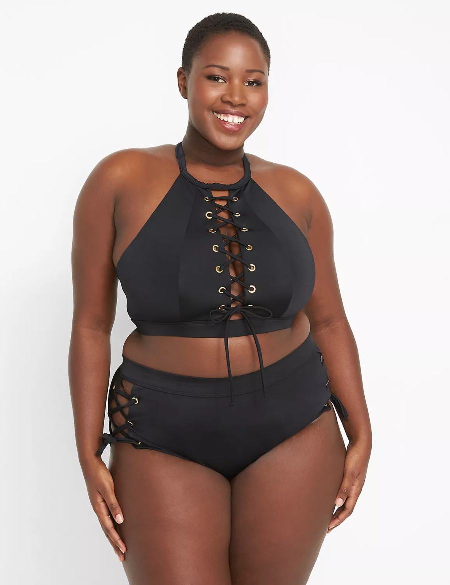 Women Lane Bryant Lace-Up High-Waist Swim Briefs Black | TWX3062IJ