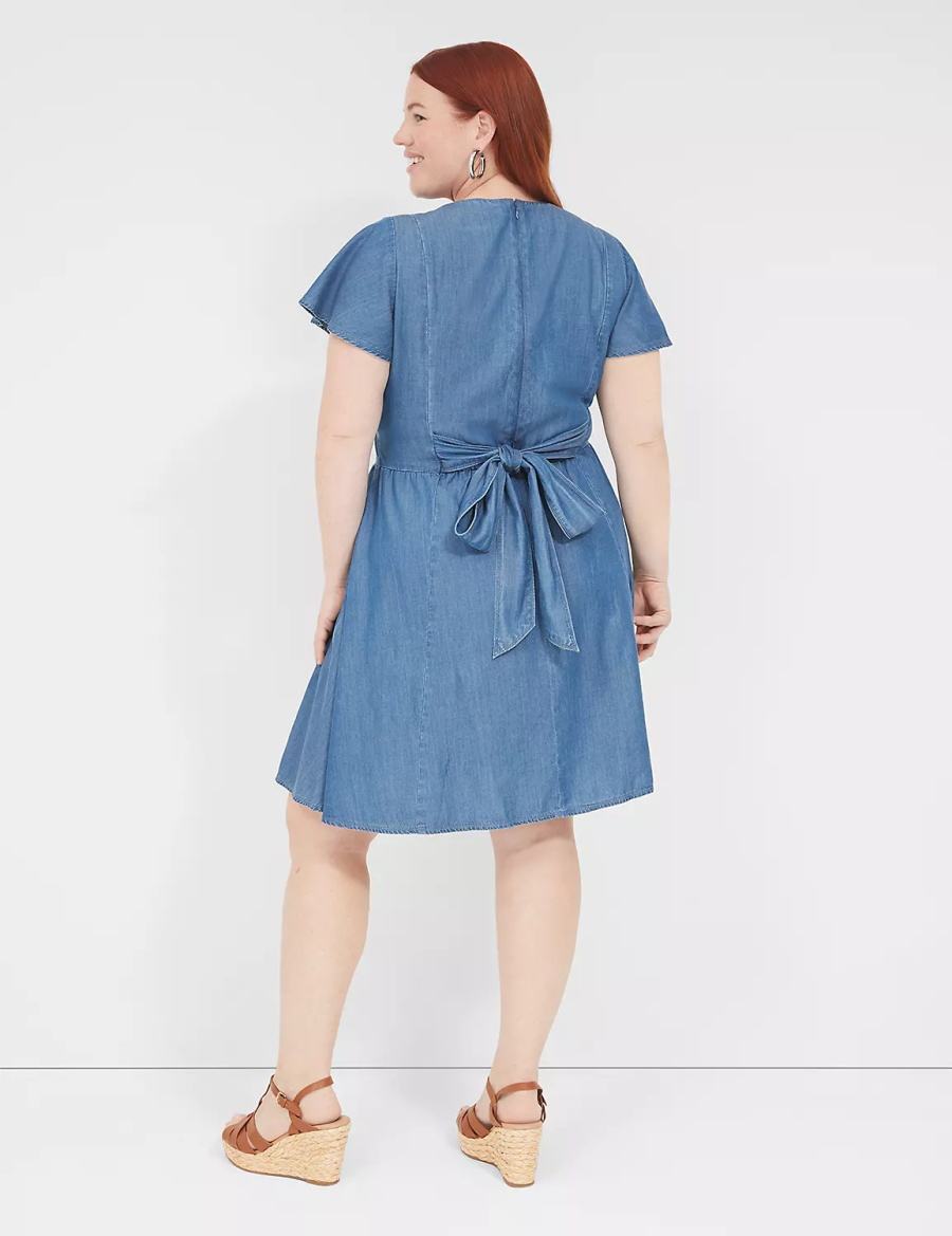 Women Lane Bryant Lena Denim Surplice-Neck Level-Hem Casual Dress Blue | JKP7438PD
