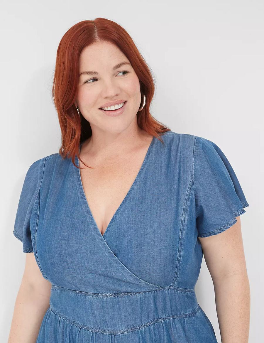 Women Lane Bryant Lena Denim Surplice-Neck Level-Hem Casual Dress Blue | JKP7438PD