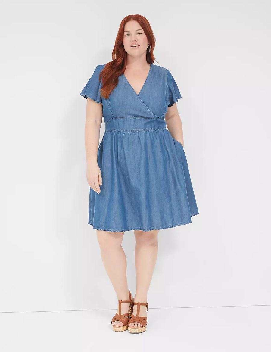 Women Lane Bryant Lena Denim Surplice-Neck Level-Hem Casual Dress Blue | JKP7438PD