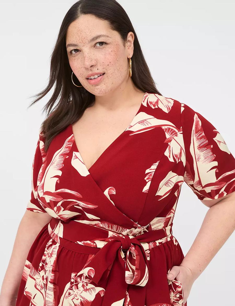 Women Lane Bryant Lena Short-Sleeve Surplice Jumpsuit Burgundy | KVV1534FS