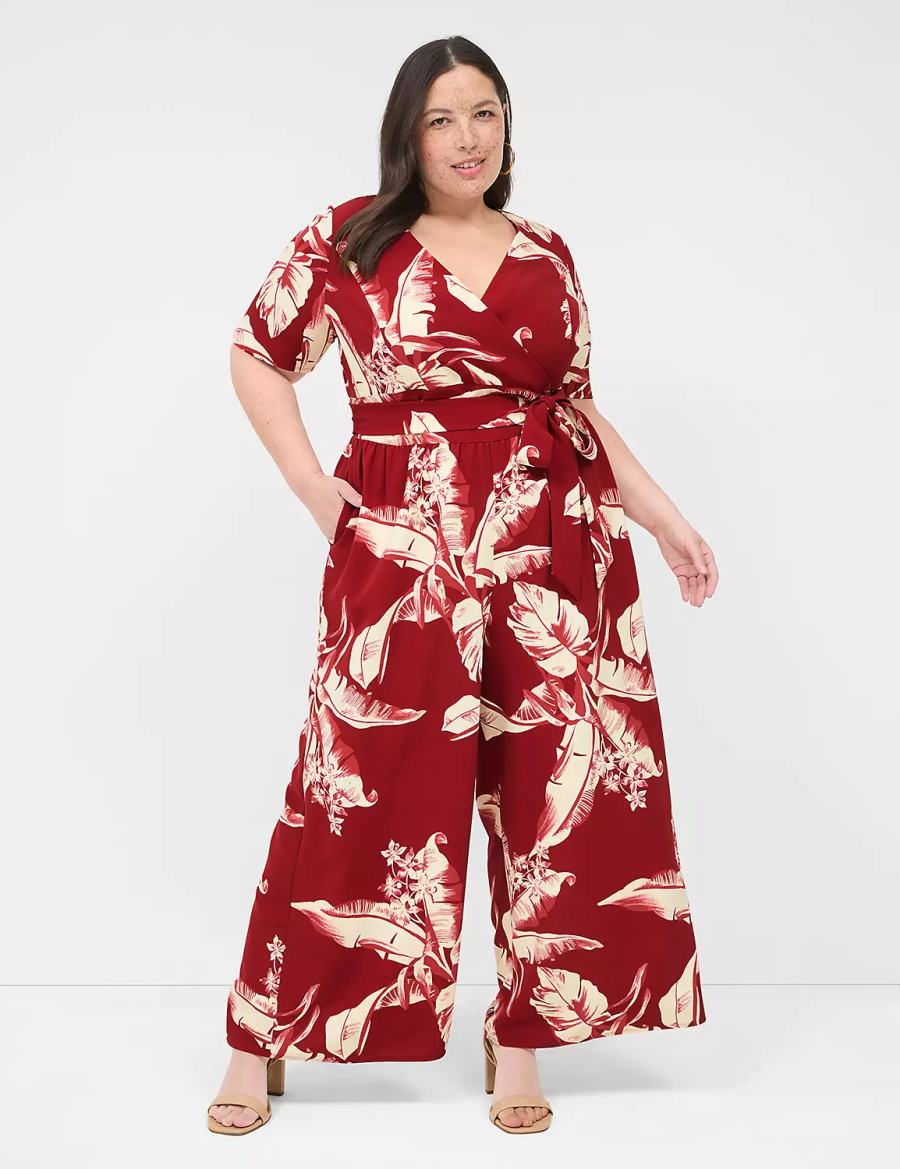 Women Lane Bryant Lena Short-Sleeve Surplice Jumpsuit Burgundy | KVV1534FS
