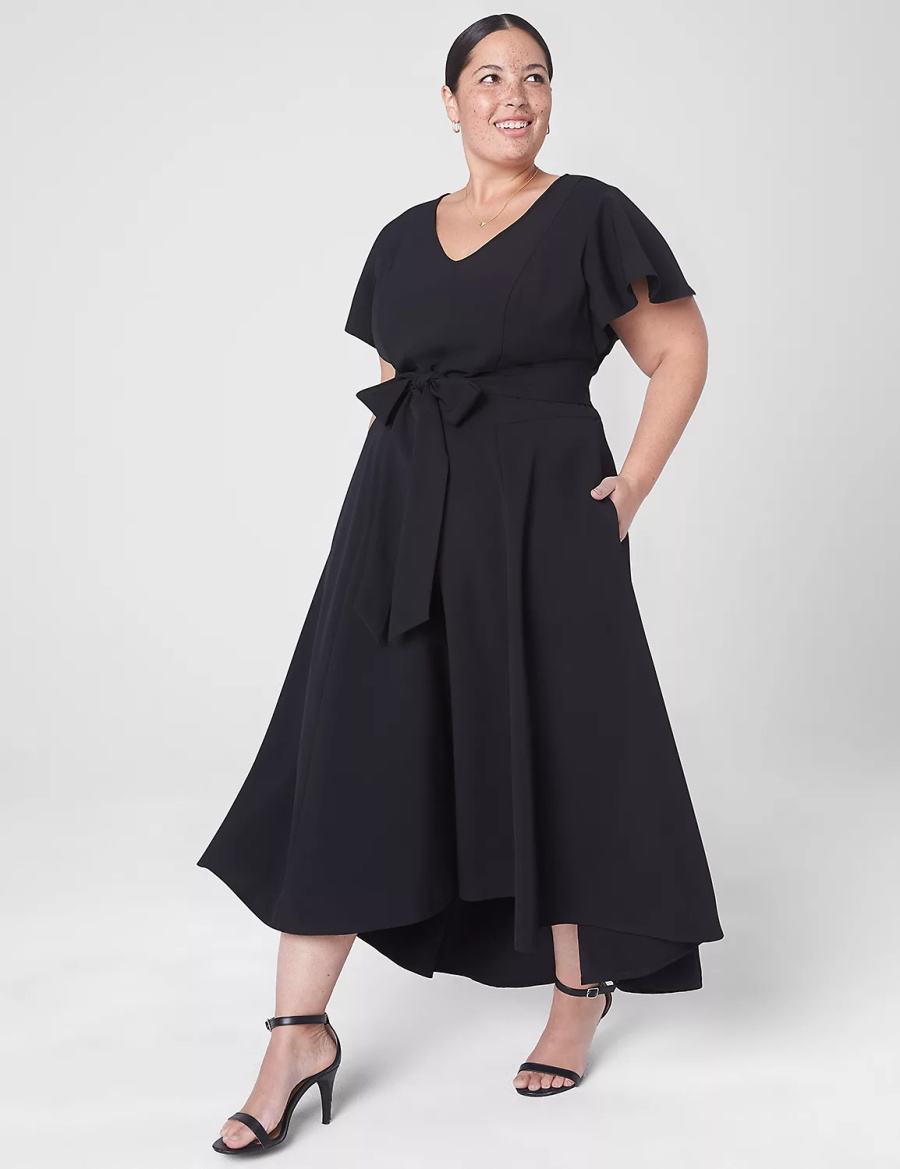 Women Lane Bryant Lena V-Neck High-Low Midi Dress Black | GGK7497SS