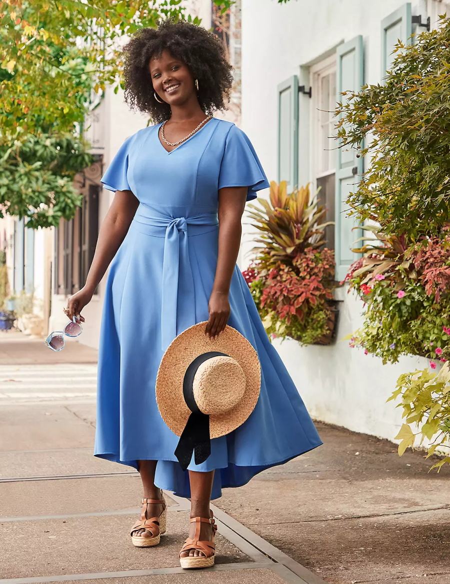 Women Lane Bryant Lena V-Neck High-Low Midi Dress Blue | GZI4824QL