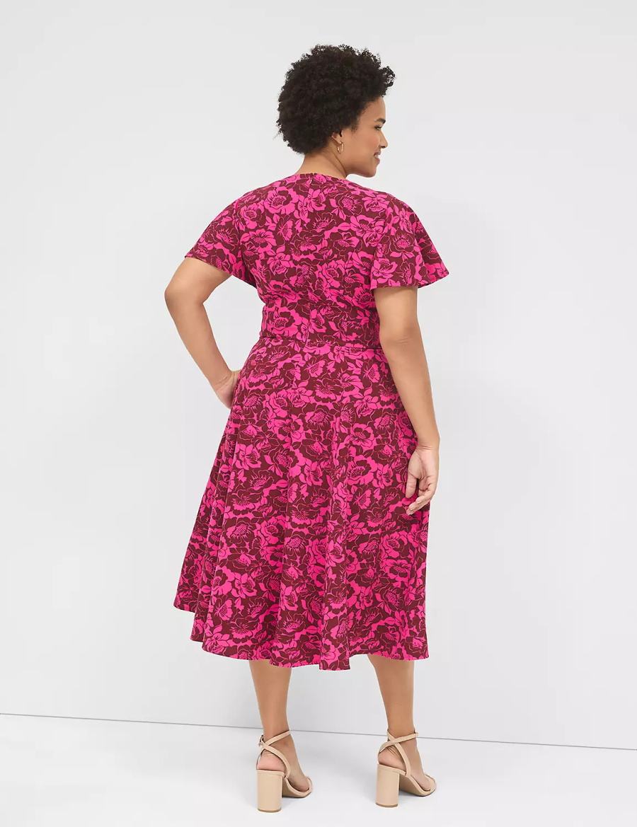 Women Lane Bryant Lena V-Neck Level-Hem Midi Dress Pink | LXD4871LN