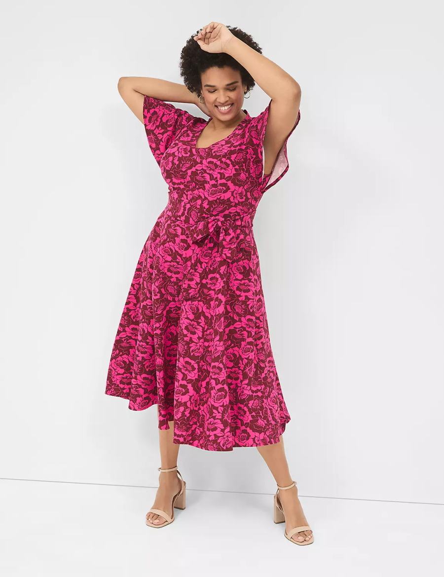 Women Lane Bryant Lena V-Neck Level-Hem Midi Dress Pink | LXD4871LN