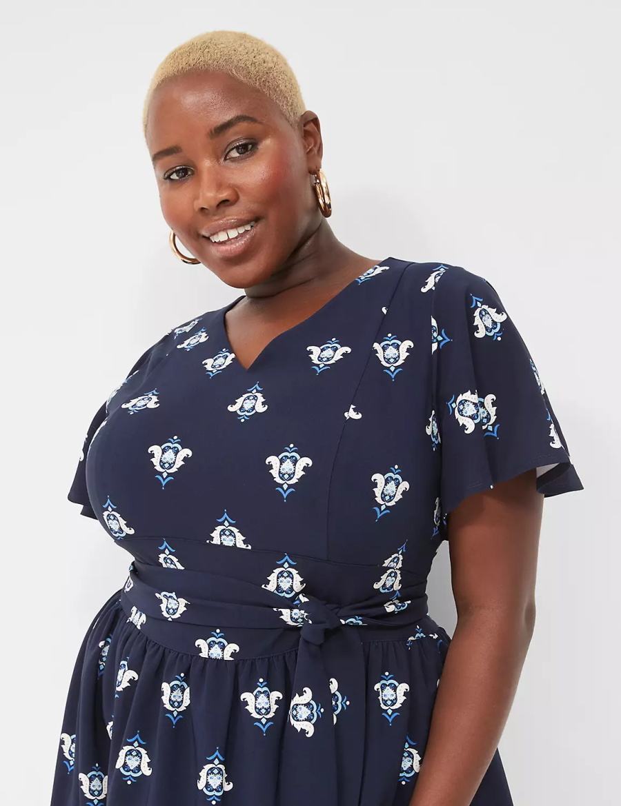 Women Lane Bryant Lena V-Neck Level-Hem Midi Dress Blue | XBE5971WE