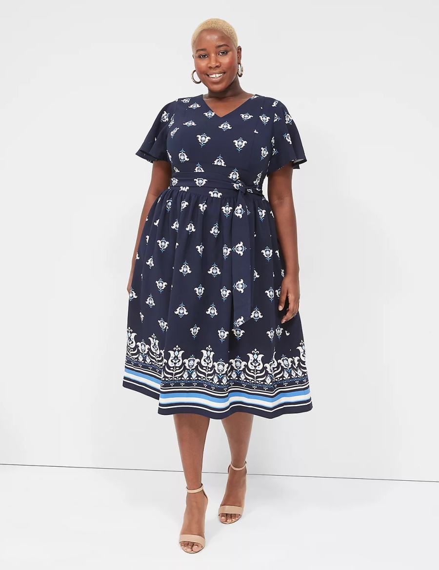 Women Lane Bryant Lena V-Neck Level-Hem Midi Dress Blue | XBE5971WE