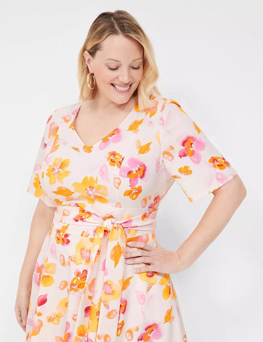 Women Lane Bryant Lena V-Neck Level-Hem Midi Dress Pink Orange | XMU1241WU