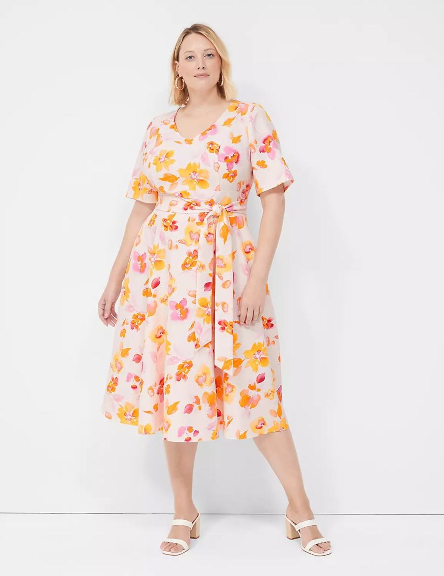 Women Lane Bryant Lena V-Neck Level-Hem Midi Dress Pink Orange | XMU1241WU