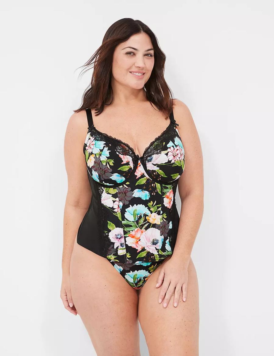 Women Lane Bryant Lightly Lined Lace-Trim Corset Balconette Bra Black | REM5317LO