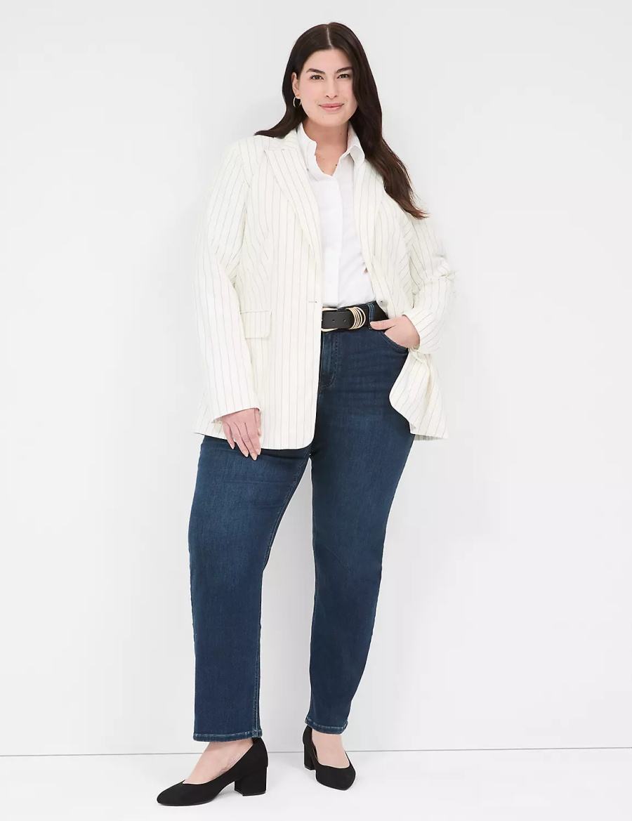 Women Lane Bryant Linen Pinstripe One-Button Blazers White | WFB4921EM