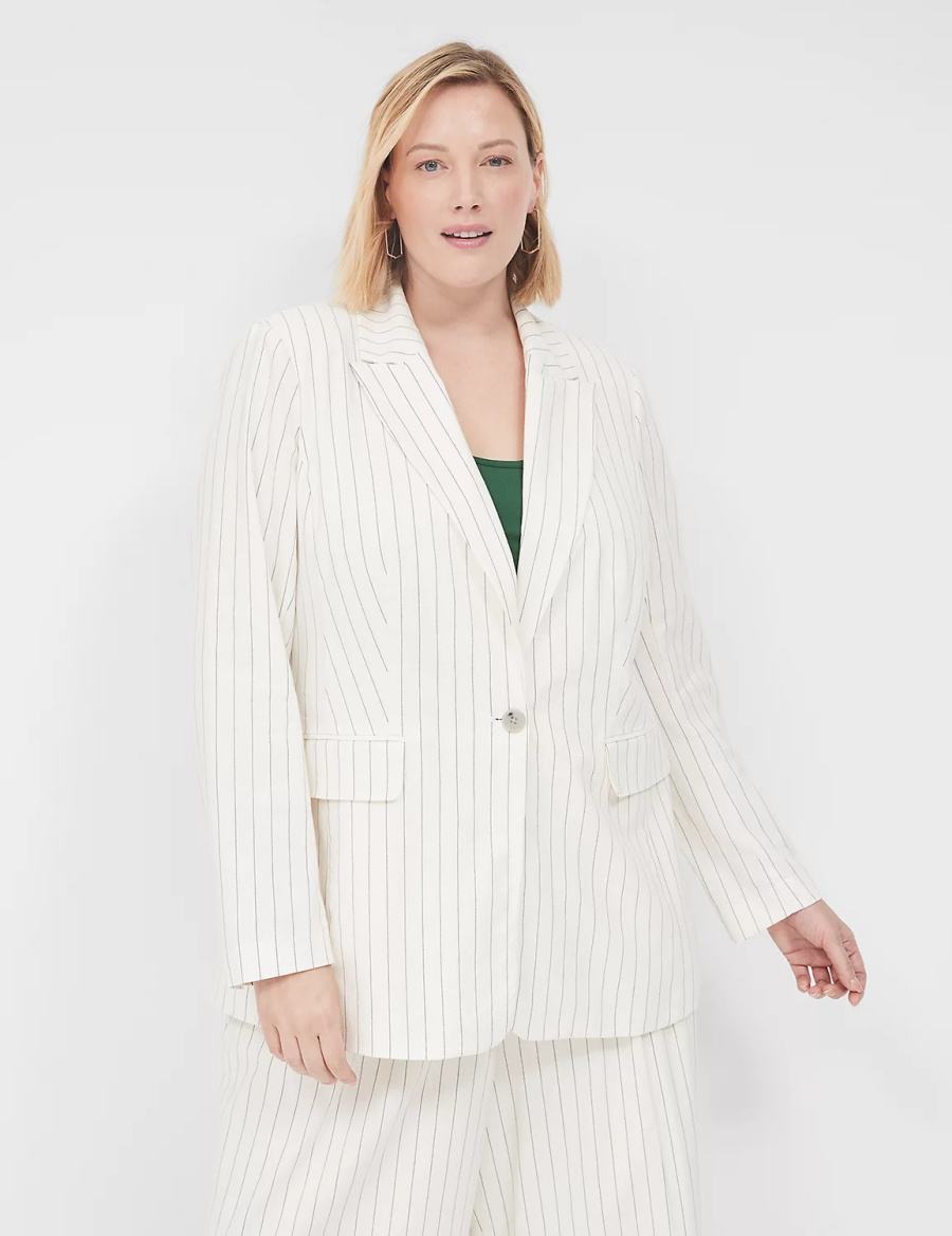 Women Lane Bryant Linen Pinstripe One-Button Blazers White | WFB4921EM