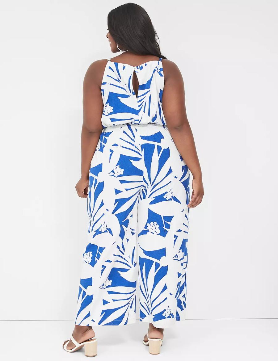 Women Lane Bryant Linen V-Neck Wide Leg Jumpsuit Blue | ZSG8027WG