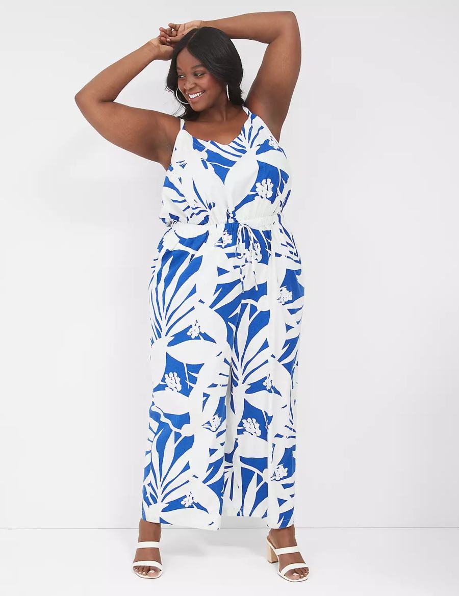 Women Lane Bryant Linen V-Neck Wide Leg Jumpsuit Blue | ZSG8027WG