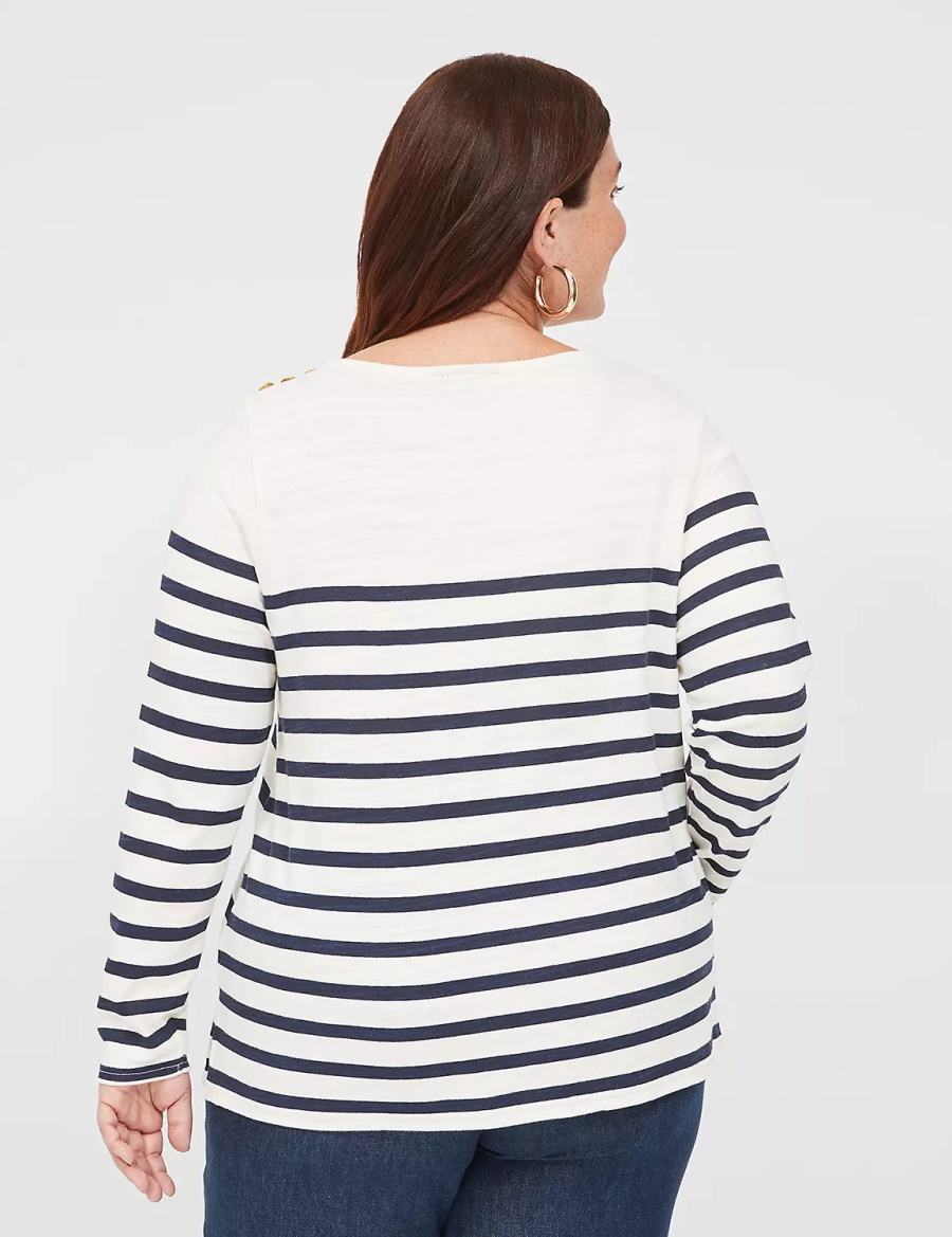 Women Lane Bryant Long-Sleeve Boatneck Top T Shirts Navy Stripes | AHD897XP