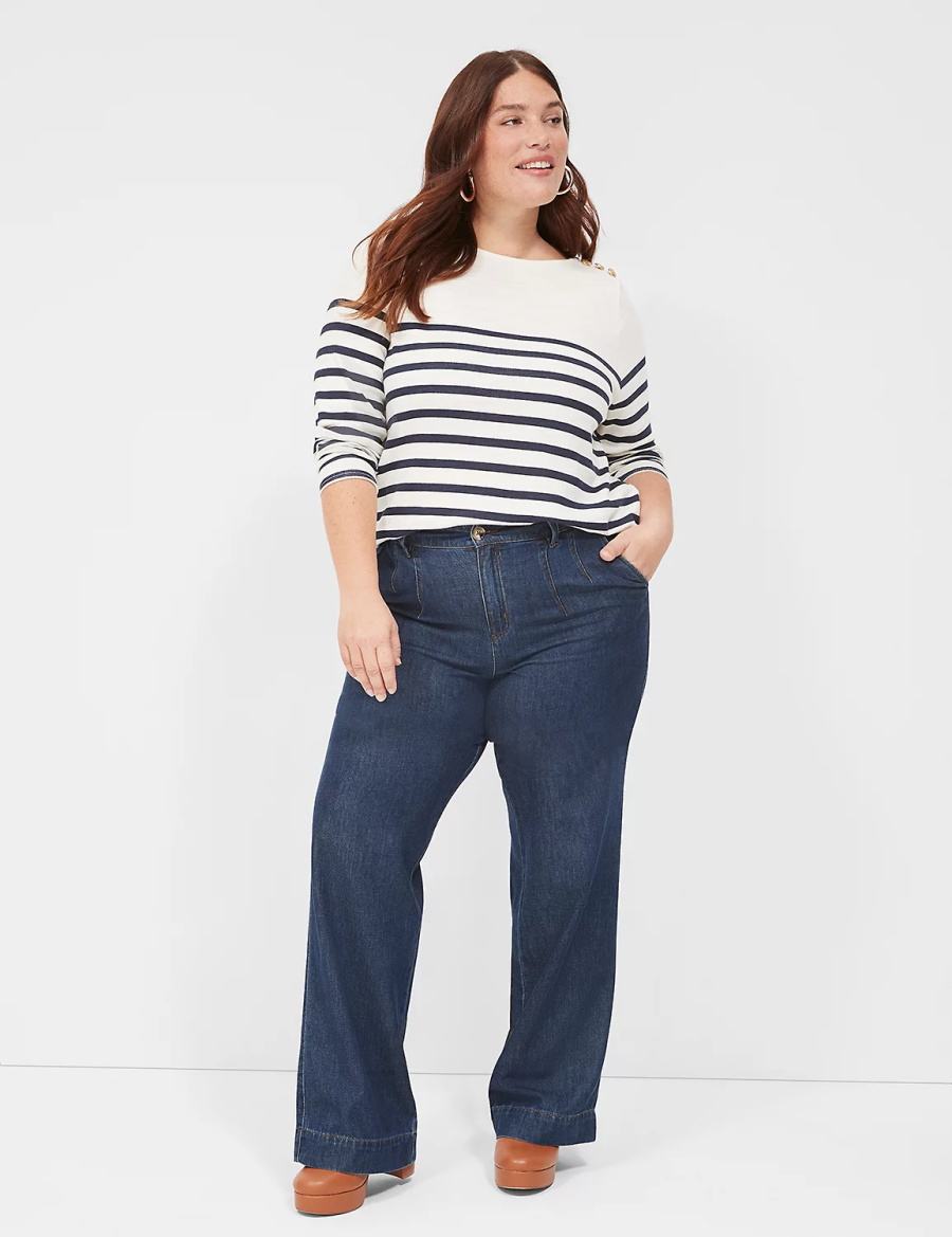 Women Lane Bryant Long-Sleeve Boatneck Top T Shirts Navy Stripes | AHD897XP
