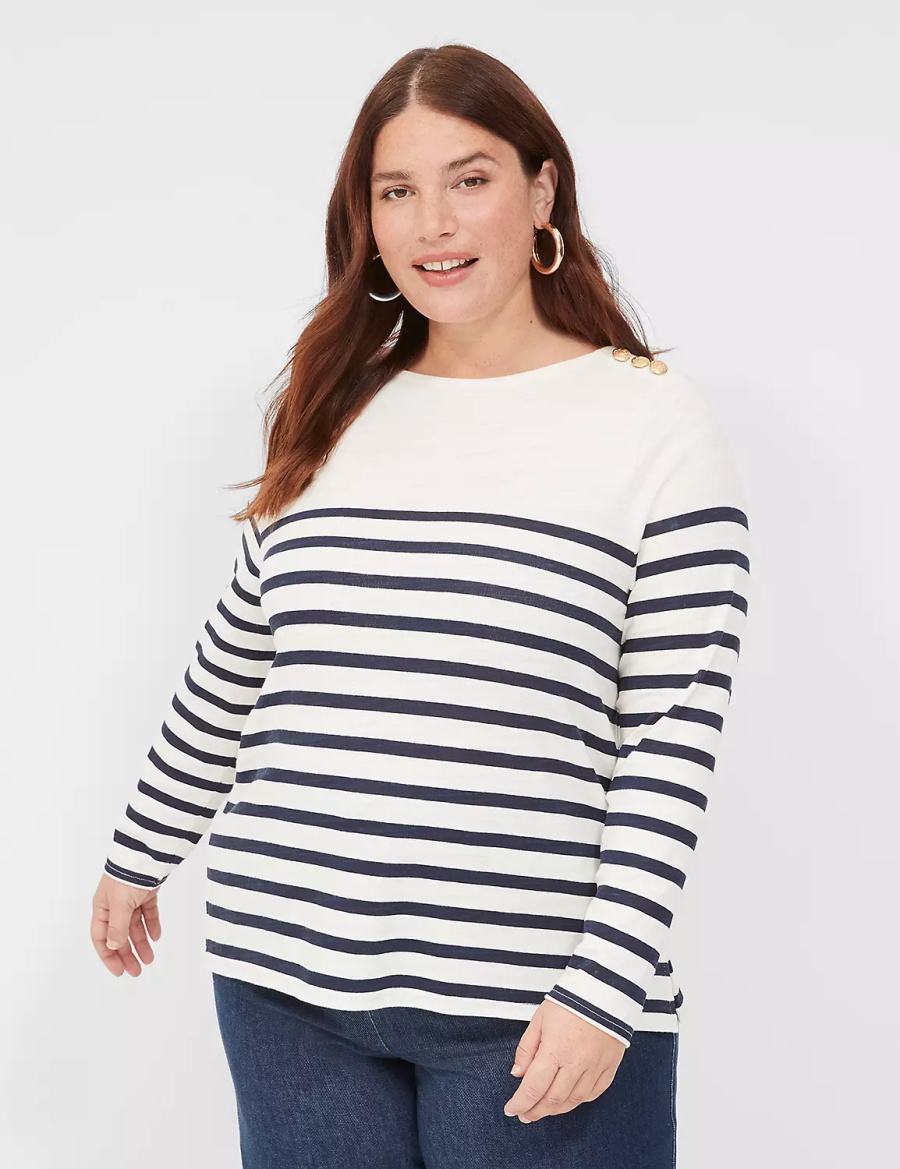 Women Lane Bryant Long-Sleeve Boatneck Top T Shirts Navy Stripes | AHD897XP