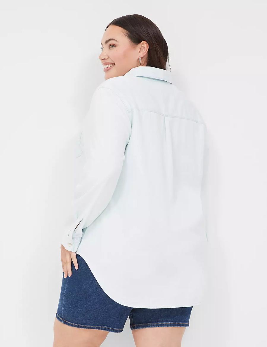 Women Lane Bryant Long-Sleeve Button-Front Denim Boyfriend Shirts Light Blue | DDX625MV