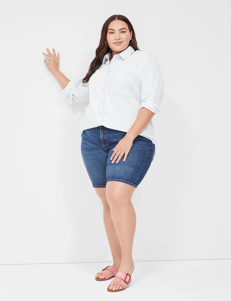 Women Lane Bryant Long-Sleeve Button-Front Denim Boyfriend Shirts Light Blue | DDX625MV