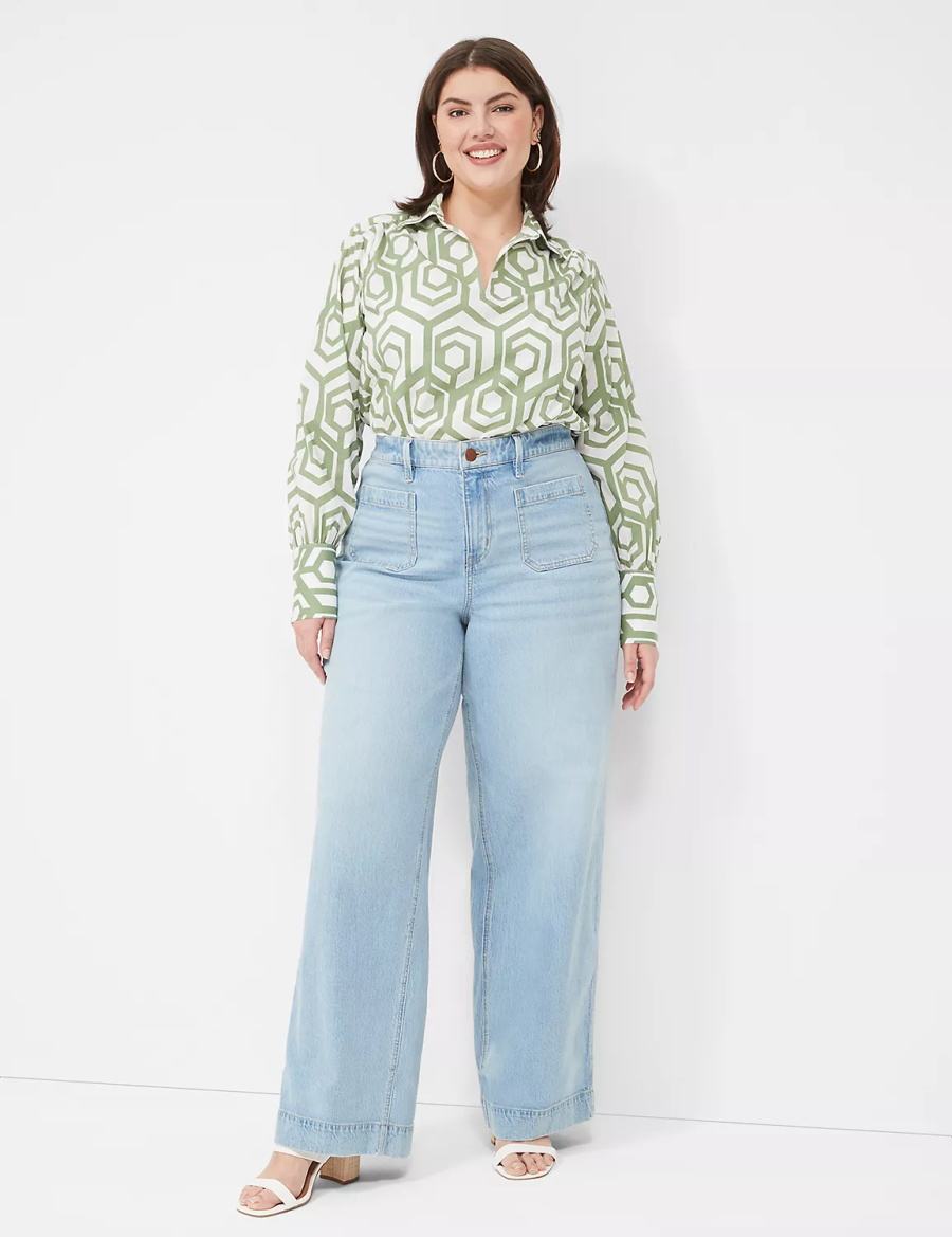 Women Lane Bryant Long-Sleeve Collar Popover Shirts Green | VKB6958XF