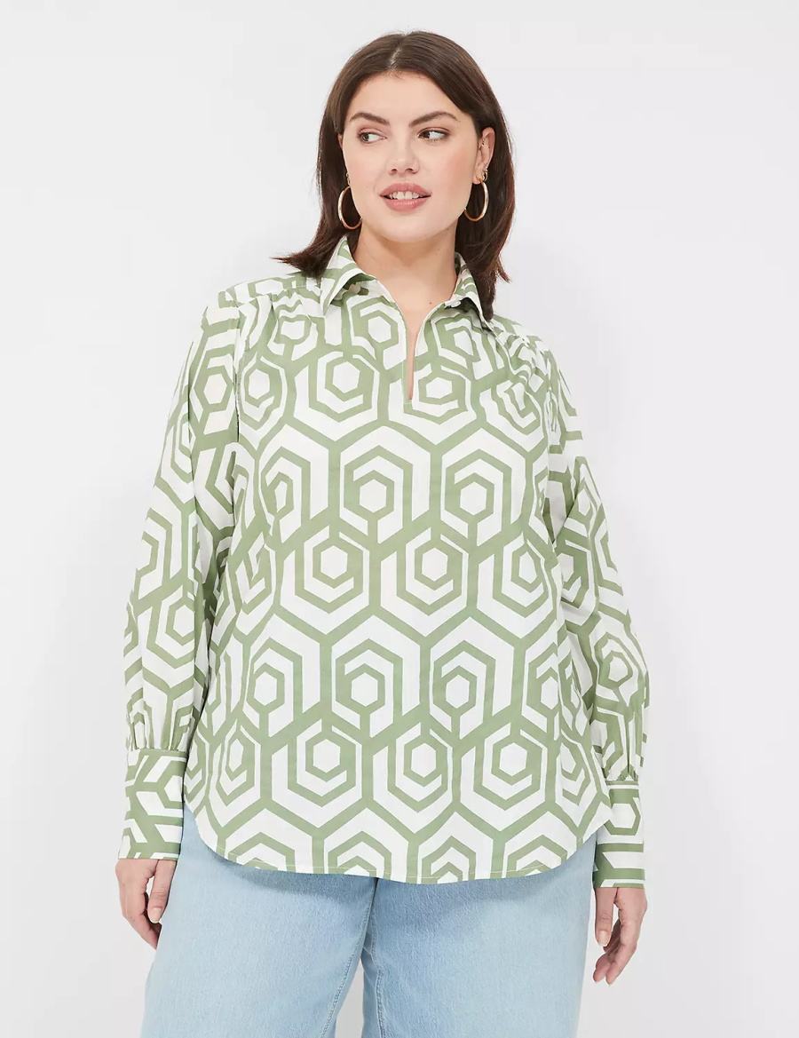 Women Lane Bryant Long-Sleeve Collar Popover Shirts Green | VKB6958XF