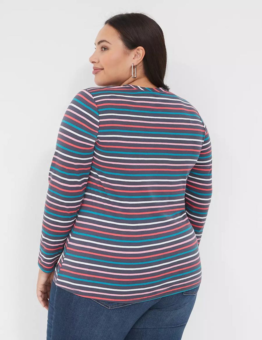 Women Lane Bryant Long-Sleeve Crew-Neck Tee T Shirts Navy Multicolor Stripes | KZH5132YJ