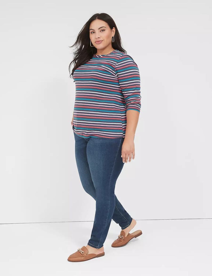 Women Lane Bryant Long-Sleeve Crew-Neck Tee T Shirts Navy Multicolor Stripes | KZH5132YJ