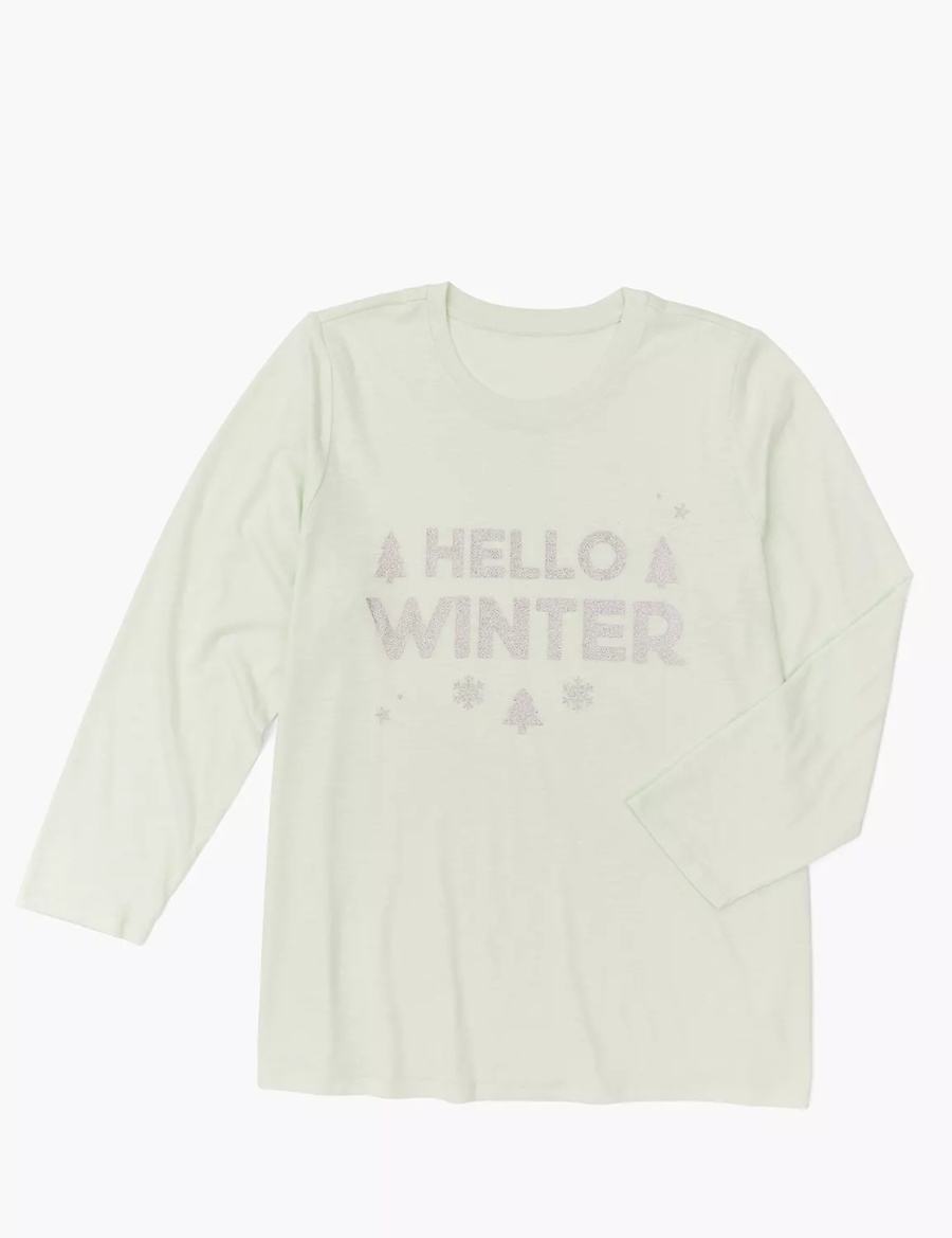 Women Lane Bryant Long-Sleeve Hello Winter Graphic Tee T Shirts Light Green | IUD8237QH