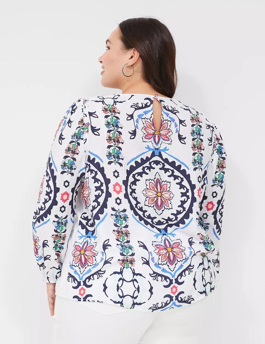 Women Lane Bryant Long-Sleeve Peasant Blouse White Multicolor | AJP104OR