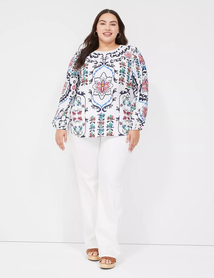 Women Lane Bryant Long-Sleeve Peasant Blouse White Multicolor | AJP104OR
