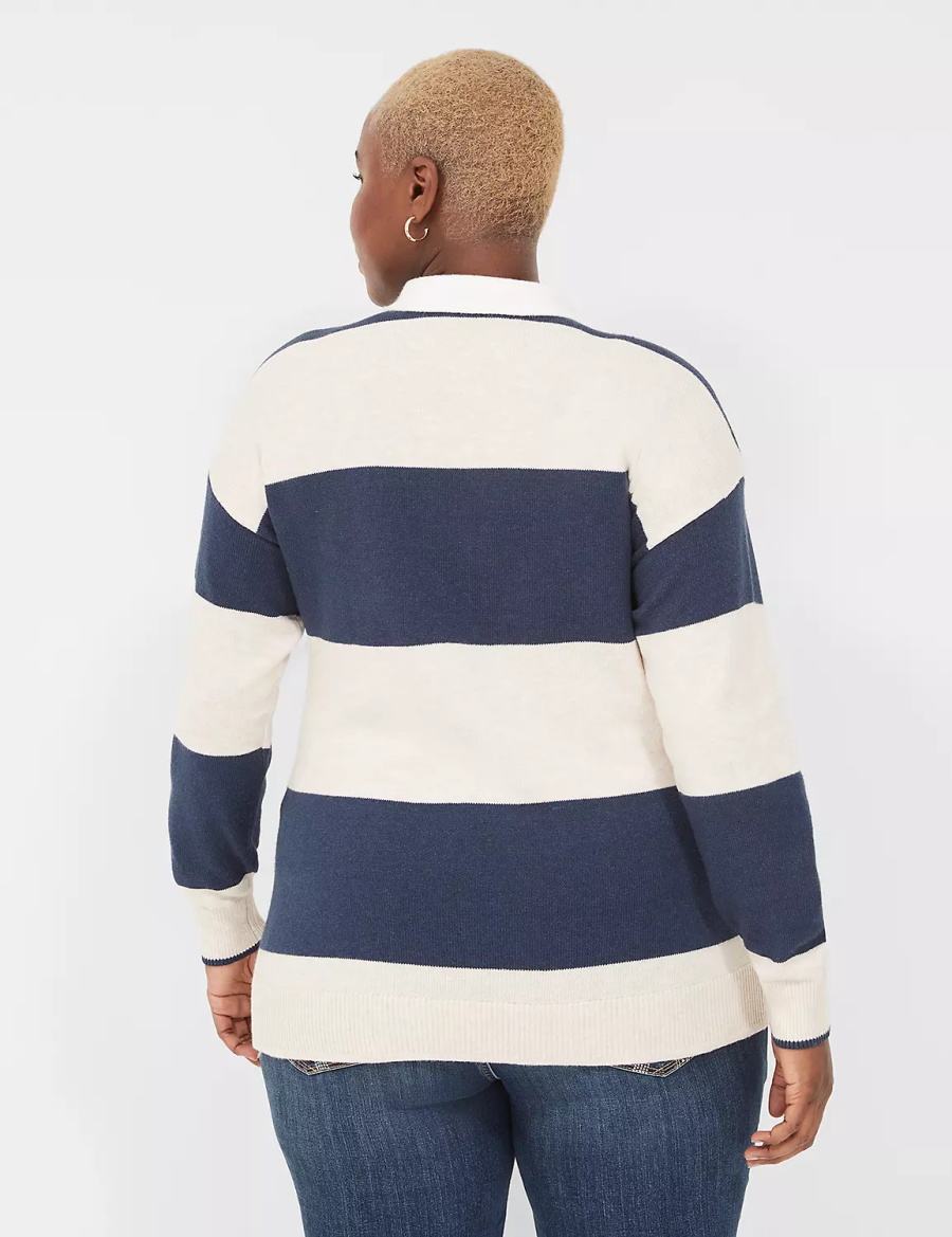 Women Lane Bryant Long-Sleeve Stripe Polo Sweaters Navy Stripes | SVB4698GC