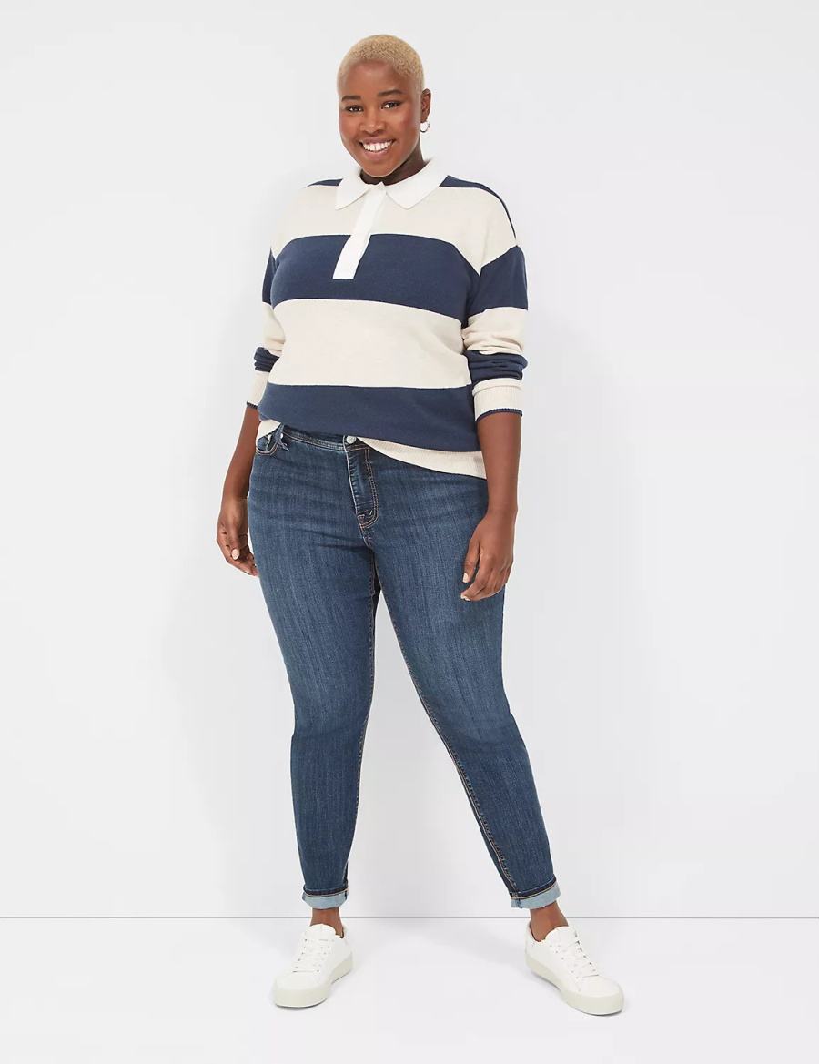 Women Lane Bryant Long-Sleeve Stripe Polo Sweaters Navy Stripes | SVB4698GC