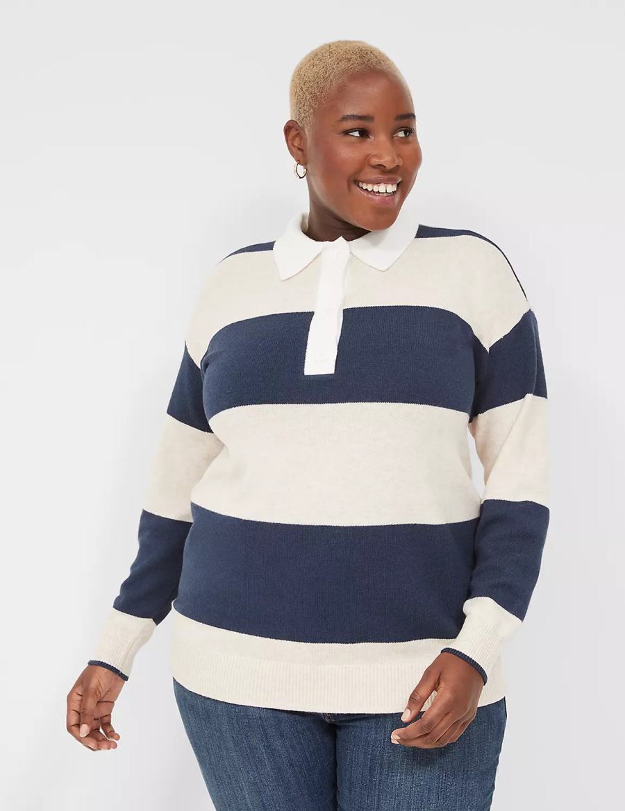Women Lane Bryant Long-Sleeve Stripe Polo Sweaters Navy Stripes | SVB4698GC