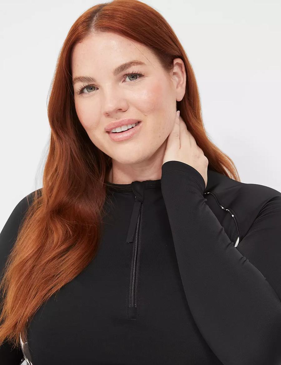 Women Lane Bryant Long-Sleeve Swim Rash Guard Swimsuits Black | PKO3372GB