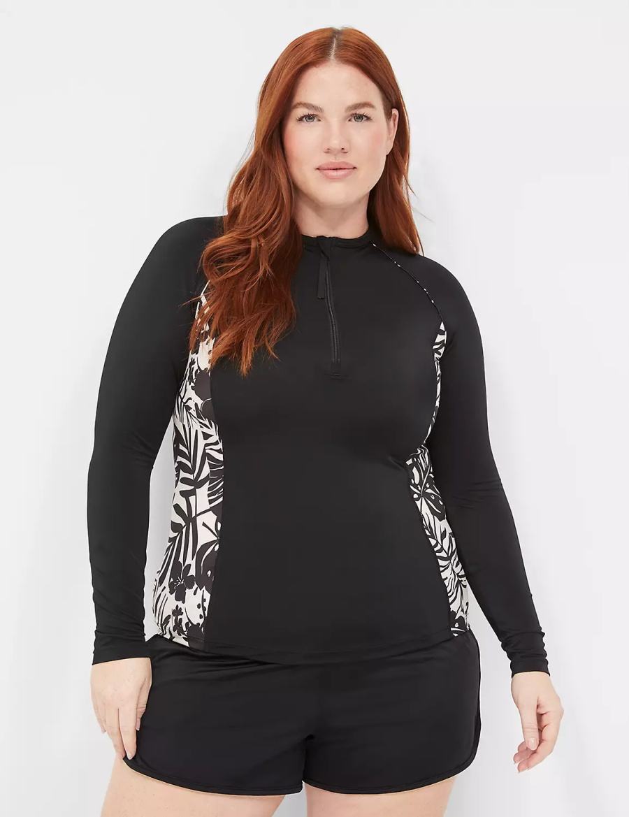 Women Lane Bryant Long-Sleeve Swim Rash Guard Swimsuits Black | PKO3372GB