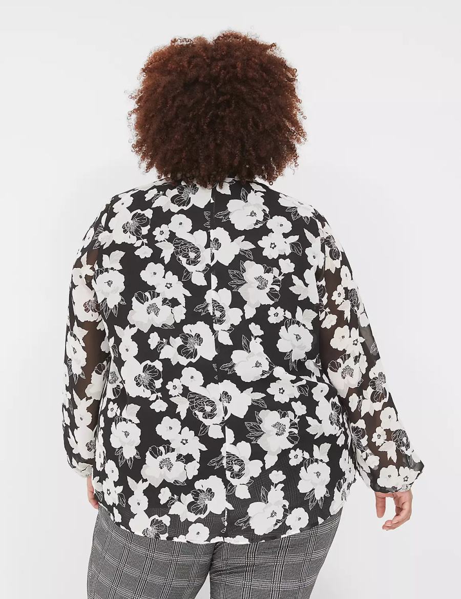 Women Lane Bryant Long-Sleeve Tie-Neck Popover Blouse Black White | HDJ6241EO