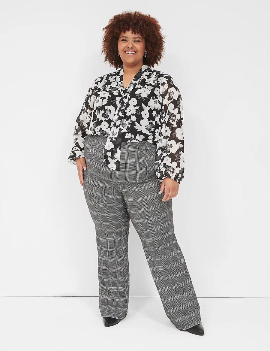 Women Lane Bryant Long-Sleeve Tie-Neck Popover Blouse Black White | HDJ6241EO