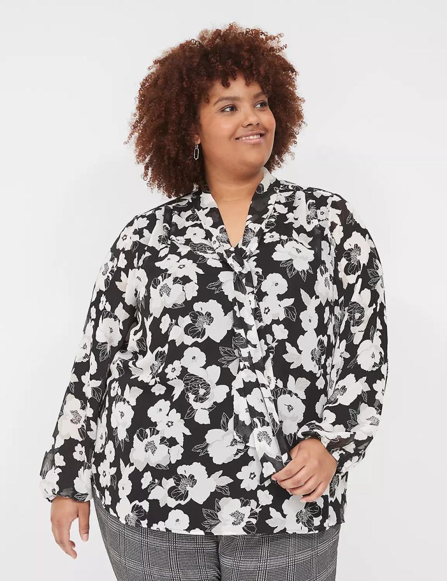 Women Lane Bryant Long-Sleeve Tie-Neck Popover Blouse Black White | HDJ6241EO