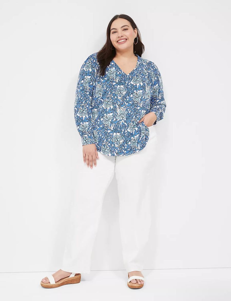 Women Lane Bryant Long-Sleeve V-Neck Blouse Blue | ZCO6157OA